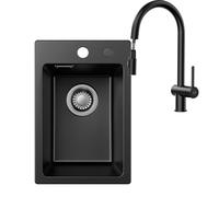 Fregadero de cocina de granito, 30 x 45 cm, negro, pequeño fregadero con grifo de cocina extensible, rotación de 360°, grifo de doble chorro para armario bajo a partir de 30 cm