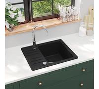 Fregadero De Cocina De Granito con Cubeta Única, 80% Cuarzo y 20% Resina, Diseño Reversible y Resistente, kitchen sink, Fregadero Bajo Encimera, Apto Para Cocinas y Lavaderos, Negro, 575x460x280 mm