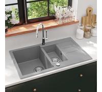 Fregadero De Cocina De Granito con Doble Seno, 80% Cuarzo y 20% Resina, Diseño Reversible y Resistente, kitchen sink, Fregadero Bajo Encimera, Apto Para Cocinas y Lavaderos, Gris, 800x500x306 mm