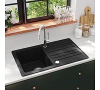 Fregadero De Cocina De Granito con Escurridor, 80% Cuarzo y 20% Resina, Diseño Reversible y Resistente, kitchen sink, Fregadero Bajo Encimera, Apto Para Cocinas y Lavaderos, Negro, 765x460 mm