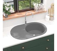 Fregadero De Cocina De Granito Con Seno Ovalado, 80% Cuarzo y 20% Resina, Profundo y Reversible, kitchen sink, Fregadero Bajo Encimera, Apto Para Cocinas y Lavaderos, Gris, 770x490x205 mm