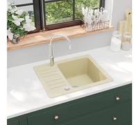 Fregadero De Cocina De Granito De Un Seno, con Material 80% Cuarzo y 20% Resina, Diseño Reversible y Resistente, kitchen sink, Fregadero Bajo Encimera, Beige, 575x460x280 mm