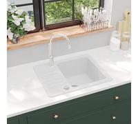Fregadero De Cocina De Granito De Un Seno, con Material 80% Cuarzo y 20% Resina, Diseño Reversible y Resistente, kitchen sink, Fregadero Bajo Encimera, Blanco, 575x460x280 mm