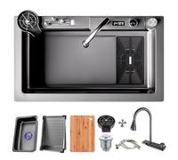 Fregadero De Cocina De Un Solo Tazón Con Cascada Grande, Fregadero De Cocina Inteligente De Acero Inoxidable, Fregadero Multifuncional Para Estación De Trabajo, Con Grifo Extraíble(80x45x22cm)