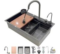Fregadero de cocina de un solo tazón de acero inoxidable con cascada multifuncional bar mostrador fregadero de estación de trabajo con revestimiento nano fregadero con cascada grifo y conjunto