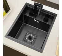 Fregadero de cocina de un solo tazón de barra invisible que ahorra espacio, fregadero individual con tapa, pequeño fregadero de sifón incrustado de acero inoxidable para encimera (acero negro, 32 x 39