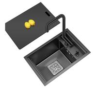 Fregadero de cocina de un solo tazón de barra invisible que ahorra espacio, fregadero individual con tapa, pequeño fregadero de sifón incrustado de acero inoxidable para encimera (acero negro, 32 x 39