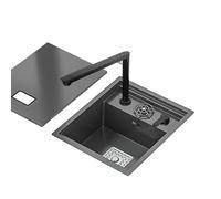 Fregadero de cocina de un solo tazón negro que ahorra espacio, fregadero invisible para caravana, tazón individual con tapa, pequeño sifón integrado, grifo multifunción de acero inoxidable (2)