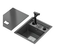 Fregadero de cocina de un solo tazón negro que ahorra espacio, fregadero invisible para caravana, tazón individual con tapa, pequeño sifón integrado, grifo multifunción de acero inoxidable (2)