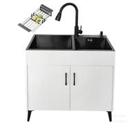 Fregadero de Cocina Diseño Doble Cubeta Grifo Extraíble Dispensador Jabón Desagüe con Rebosadero Alto Fregaderos Acero Inoxidable H78 Cm (30,7") Tirador en la Puerta(White,31.5x17.7x30.7")