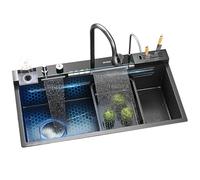 Fregadero de cocina, diseño moderno de cascada, fregadero rectangular multifuncional con soporte para cuchillos y pantalla digital, fácil de limpiar para cocinas grandes