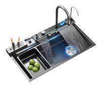 Fregadero de cocina, diseño moderno de cascada, fregadero rectangular multifuncional con soporte para cuchillos y pantalla digital, fácil de limpiar para cocinas grandes