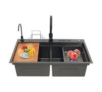 Fregadero de cocina doble de 82 x 46 cm, de acero inoxidable 201/304, con tabla de cortar, soporte para cuchillos y 2 grifos (normal + filtro), juego robusto multifuncional para montaje de cocina