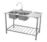 Fregadero de Cocina Doble Seno con Escurridor a la Derecha 120x79x60cm con Dispensador Jabón Tapones de Colador + Grifo GRATIS Lavaplatos Pila Cocina 2 Senos+Escurridor para Lavar Platos Kitchen Sink
