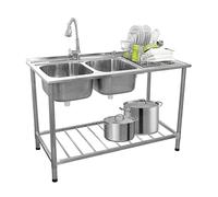Fregadero de Cocina Doble Seno con Escurridor a la Derecha 120x79x60cm con Dispensador Jabón Tapones de Colador + Grifo GRATIS Lavaplatos Pila Cocina 2 Senos+Escurridor para Lavar Platos Kitchen Sink