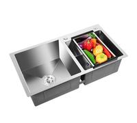 Fregadero de cocina empotrable de 2 cuencos, 30 L + 23 L, acero inoxidable, 3 métodos de montaje, doble fregadero para cocina, con dispositivo de drenaje para exterior, interior, cocina, restaurante