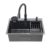 Fregadero de cocina empotrado de acero inoxidable con lavabo de un solo cuenco, grifo extraíble y dispensador de jabón, 60 * 45 cm, negro