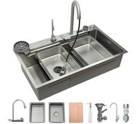 Fregadero de cocina en cascada 80x50 cm, fregadero de cocina de acero inoxidable cepillado 304, lavabo de cocina con pantalla digital, fregadero de cocina con cesta de drenaje, sifón, componente de