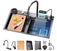 Fregadero de cocina en cascada con pantalla digital, nano estación de trabajo y grifo extraíble, fregadero con accesorios, grande, 75 x 45 x 22 cm, diseño moderno