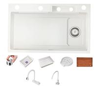 Fregadero de cocina en cascada de acero inoxidable 304 con arandela de taza para instalación empotrada o empotrada, acabado blanco duradero, diseño moderno para el hogar y el restaurante