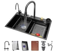 Fregadero de Cocina en Cascada de un Solo tazón Fregadero de Barra de Acero Inoxidable con Grifo extraíble, arandela de Taza elevadora Tabla de Cortar y Otros Accesorios