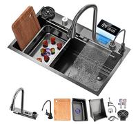 Fregadero de cocina en cascada, fregadero de acero inoxidable de un solo tazón en gris negro, fregadero de encastre con pantalla digital multifuncional, grifo extraíble Fly Rain y accesorios (color: