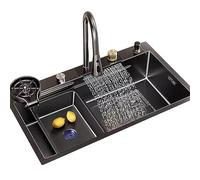 Fregadero De Cocina En Cascada Fregadero De Acero Inoxidable Negro Fregadero Grande De Un Seno Grifo Extraíble Incluye Lavavasos Y Accesorios (S : 60x45cm)