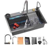 Fregadero de cocina en cascada Fregadero de cocina de acero inoxidable de un solo tazón con grifo extraíble Flying Rain de carga superior multifuncional y varios accesorios (85x45x22CM)