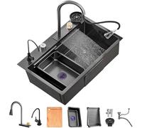 Fregadero De Cocina En Cascada, Grifo Extraíble En Cascada De Acero Inoxidable 304, Fregaderos De Barra De Un Solo Tazón, Fregadero De Cocina Familiar con Juego Completo De Accesorios (Color : Grey,