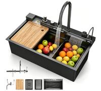 Fregadero de cocina, fregadero 1 cuenco, fregadero de cocina, fregadero de cocina con sifón, rebosadero y desagüe, cascada moderna multifuncional con juego de accesorios, 80 x 45 x 23 cm