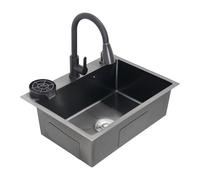 Fregadero de cocina, fregadero de acero inoxidable empotrable con grifo de agua caliente y fría, 60 x 45 x 20 cm, fregadero de cocina rectangular, 1 cuenco, fregadero de cocina, fregadero multifunción