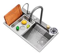 Fregadero de Cocina Fregadero de Acero Inoxidable en Cascada Volante Fregadero de Lavado de Verduras, Fregadero de Lavado de vajilla con Grifo extraíble, Tabla de Cortar, lavavasos a presión (Color :