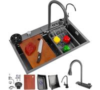 Fregadero de cocina, fregadero de cascada de 304 nanómetros de acero inoxidable, con grifo extraíble, fregadero grande, con filtro de drenaje y accesorios
