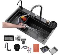 Fregadero de Cocina Fregadero de Cascada de Lluvia Voladora Nano de Acero Inoxidable 304, Lavabo para lavavajillas, Fregadero de Cocina para estación de Trabajo con Fregadero Individual, con Grifo e