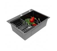 Fregadero de cocina, fregadero de cocina de acero inoxidable con cesta extraíble y colador, 1 lavabo, fregadero empotrable rectangular para hogares, sótanos, garajes, restaurantes, 60 x 45 cm (negro)