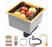 Fregadero De Cocina, Fregadero De Cocina Multifuncional, 1 Lavabo, Fregadero De Cocina De Acero Inoxidable Oro, Bajo Encimera O Sobre, Incluye Tubo De Drenaje.(Gold-Tap,38x38x21cm)