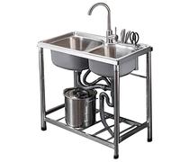 Fregadero de cocina Fregadero de utilidad de acero inoxidable, cocina al aire libre, fregadero de camping, fregadero de cocina de doble tanque, lavabo comercial, fregadero portátil, interior y