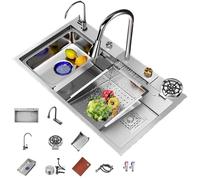 Fregadero de cocina, fregadero multifuncional inteligente de acero inoxidable de una cubeta con grifo de cascada, fregadero de cocina blanco con enjuagador de tazas 68 * 45cm/26.7 * 17.7in