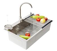 Fregadero de cocina grande de acero inoxidable 304 plateado empotrado, lavabo individual con juego completo de drenaje para el lugar de trabajo