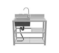 Fregadero de cocina grande de acero inoxidable con grifo y estante de drenaje, estación de lavado de manos de un solo tazón (frío derecho 90 x 50 x 80 cm), diseño fácil de limpiar que ahorra espacio