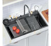 Fregadero de cocina grande de acero inoxidable con soporte oculto para cuchillos de cascada de lluvia y accesorios, diseño espacioso de 86 x 52 cm para cocinas modernas