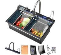 Fregadero de cocina grande de acero inoxidable, estación de trabajo inteligente con pantalla digital, arandela de taza a presión y cascadas dobles, diseño de ranura única en relieve (negro, 75 x 45 x