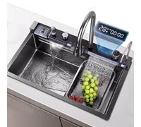 Fregadero de cocina grande de acero inoxidable negro, cuenco individual con grifo de cascada y pantalla de temperatura, accesorios completos (80 x 45 x 22 cm), diseño moderno para una fácil limpieza