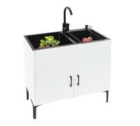 Fregadero de cocina independiente con armario bajo y grifo, fregadero de acero inoxidable con 2 cuencos, escurridor y unidad de drenaje, para cocina, jardín, exterior, taller, lavandería, camping