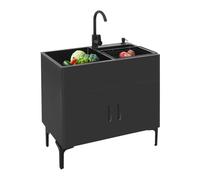 Fregadero de cocina independiente con armario bajo y grifo, fregadero de acero inoxidable con 2 cuencos, escurridor y unidad de drenaje, para cocina, jardín, exterior, taller, lavandería, camping
