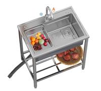 Fregadero de cocina independiente con grifo caliente y frío, fregadero de acero inoxidable negro para exteriores, lavandería, garaje y cocina interior, ideal para lavar a mano y tareas de preparación