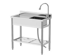 Fregadero de cocina independiente de acero inoxidable con grifo, estante y accesorios, juego completo para cocina, baño, comercio, 100 x 50 x 94 cm, inoxidable y duradero