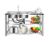 Fregadero de cocina independiente, fregadero de acero inoxidable para catering, 2 cuencos, lavabo multifunción, para exteriores y camping, fregadero de cocina portátil con grifo y estante de 2 niveles
