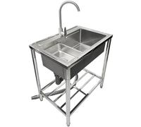 Fregadero de cocina independiente, grifo giratorio de 360°, grifo de cocina de acero inoxidable 304, fregadero comercial, cesta de drenaje móvil con cuenco de 22 cm de profundidad, duradero