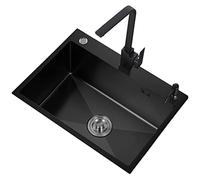 Fregadero de cocina individual grande de acero inoxidable 304, 60 x 45 cm, grifo cuadrado gris nano negro, apto para lavavajillas doméstico